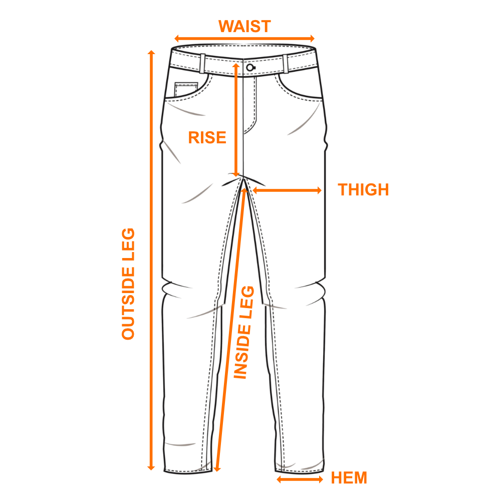 Lower garment diagram showing waist, rise, thigh, outside leg, inside leg and hem measurement locations