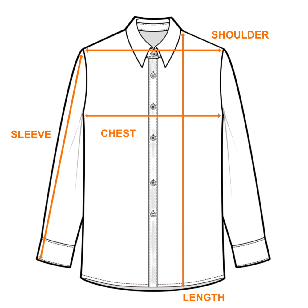 Upper garment diagram showing shoulder, chest, sleeve and length measurement locations