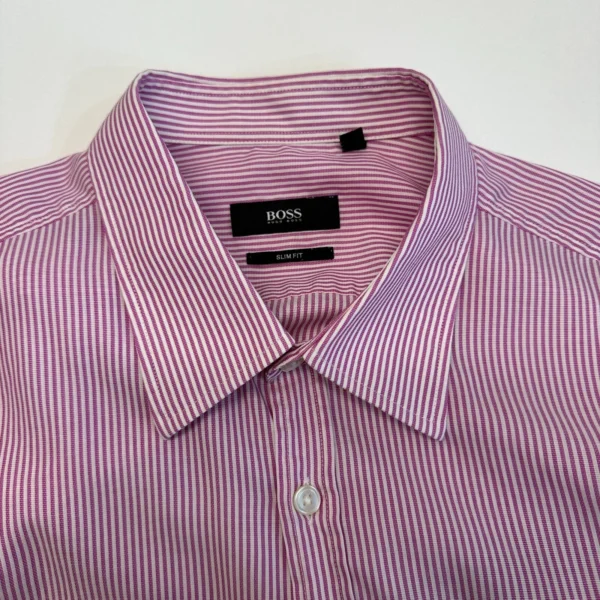 Hugo Boss Formal Dress Shirt Men's 41 16 Pink Striped Long Sleeve Slim Button Up