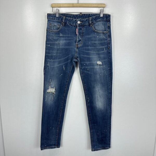 Dsquared2 Jeans Men's W32 L29 (Tag 36) Blue Denim Distressed Paint Splatter Slim