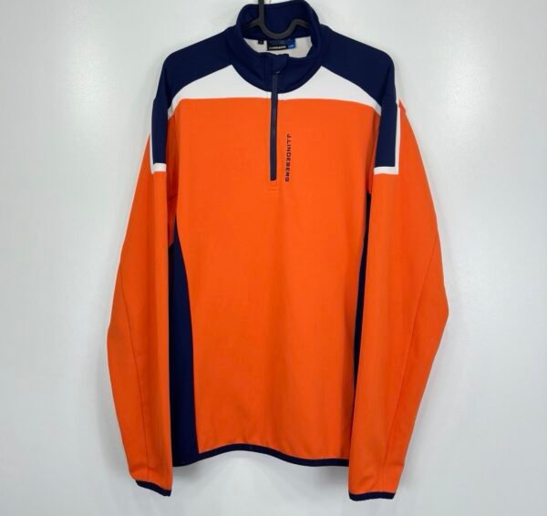J.Lindeberg Kimball Blocked T-Neck Fieldsensor Mid Layer Mens Pullover Size L Orange Blue Golf Top