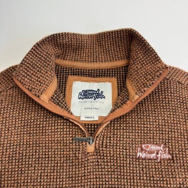 IMG_4142 Large Weird Fish Knit Sweater Men's Jumper Size S Brown Quarter Zip Pullover 15WM040