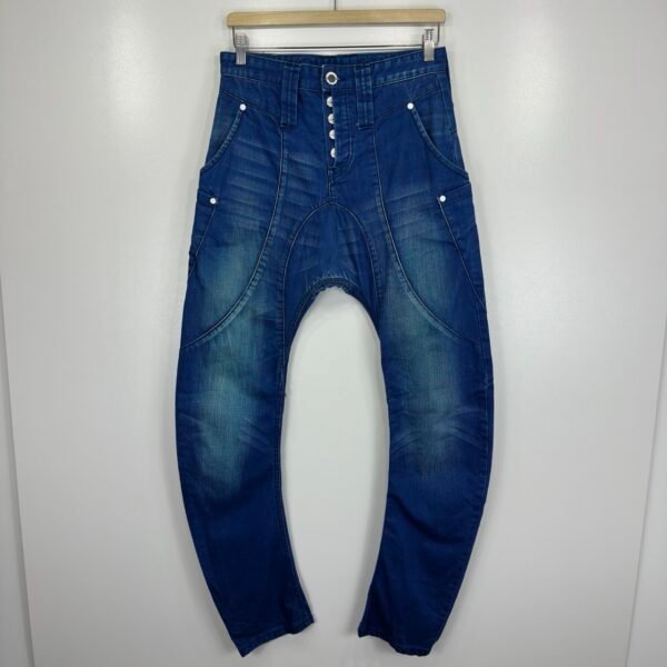 Humor Zanka Jeans Men's W28 L34 Blue Denim Low Drop Crotch 3D Slim Button Y2K