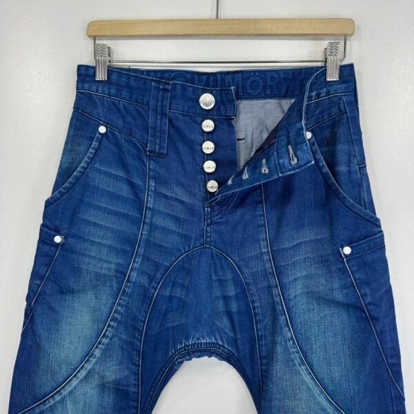 Humor Zanka Jeans Men's W28 L34 Blue Denim Low Drop Crotch 3D Slim Button Y2K