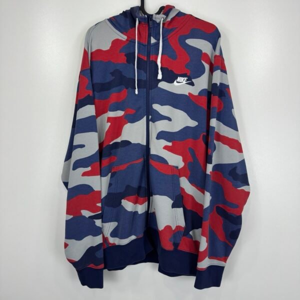 Nike Camo Hoodie Mens Sweatshirt XL Camouflage Full Zip Up Red Blue Grey