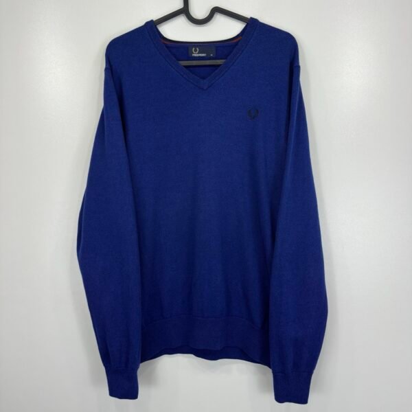 IMG_6281 Large Fred Perry Sweater Blue V-Neck Merino Wool Cotton Men’s M