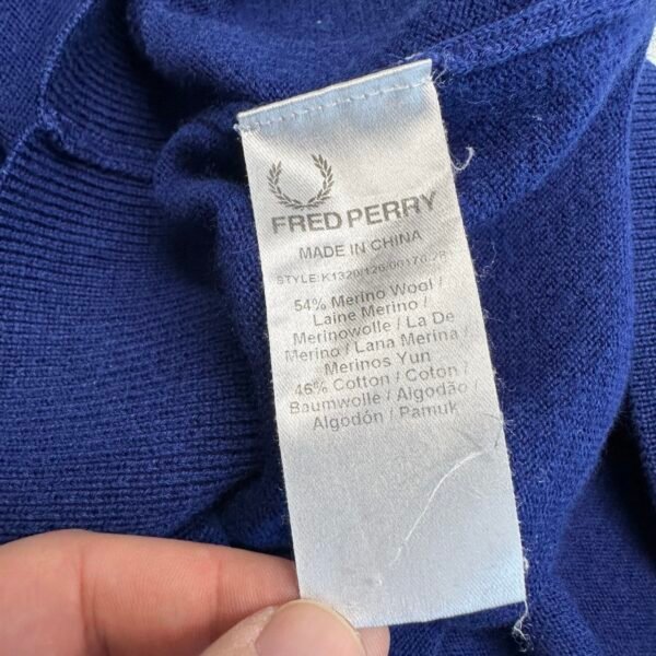 IMG_6288 Large Fred Perry Sweater Blue V-Neck Merino Wool Cotton Men’s M