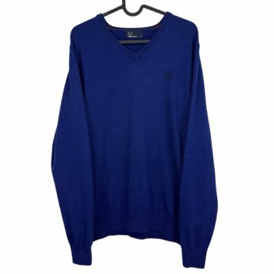 Fred Perry Sweater Blue V-Neck Merino Wool Cotton Men’s M